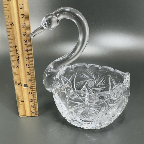 Bohemia Czech Clear Crystal Glass Swan Pinwheel Glass Dish Bowl Duck Bird VTG - Picture 4 of 12